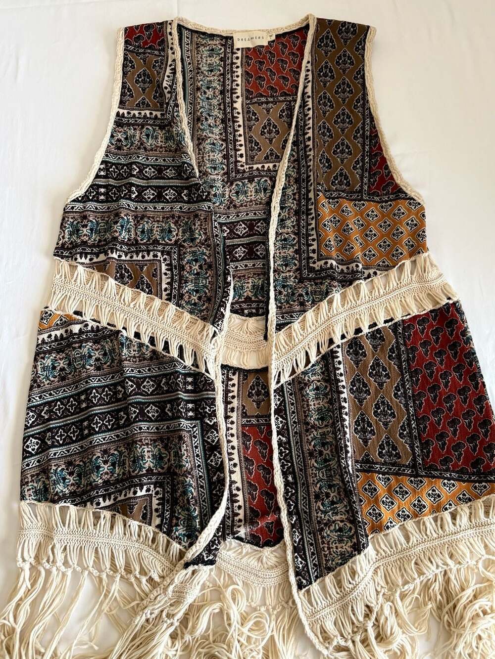 Dreamers Vest Size L Bohemian Boho Mosaic Print Fringe Crochet Open Front